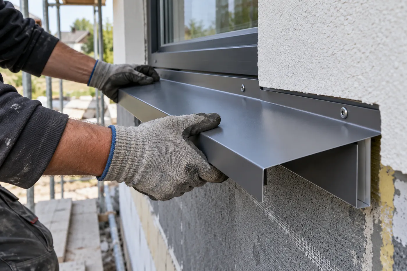 Wykonawca dopasowujący aluminiową obróbkę przy oknie domu