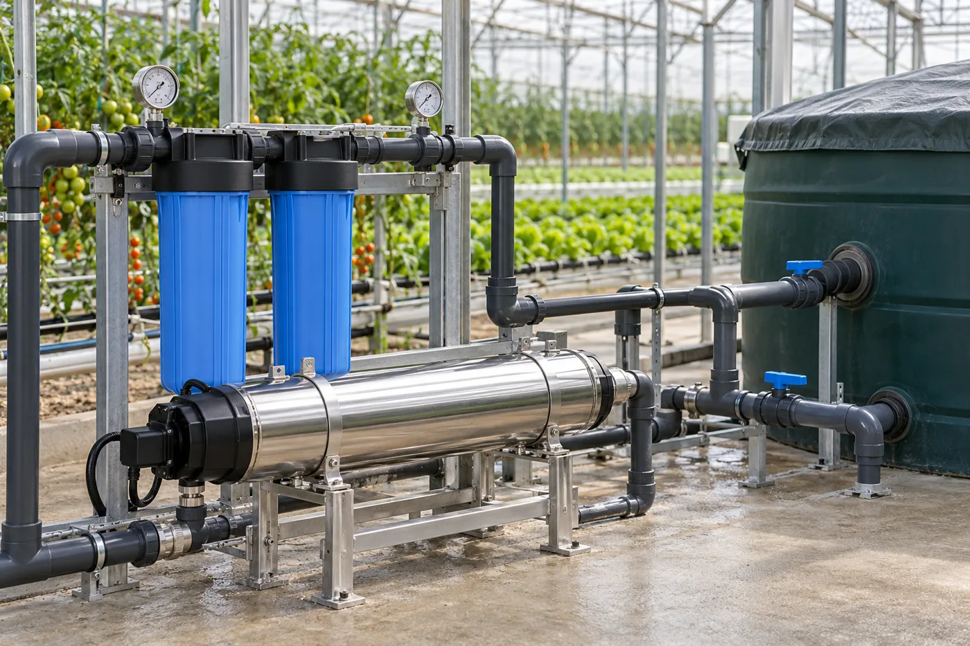 Filtry wstępne i stalowa komora UV w instalacji wody do nawadniania szklarni