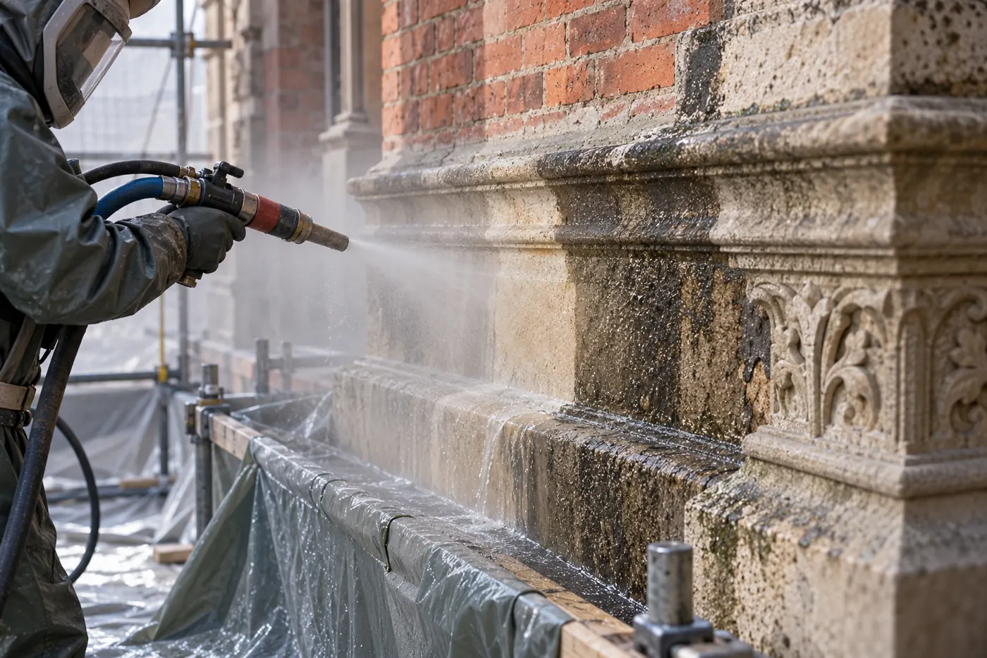 Specjalista w ochronnym stroju wykonuje kontrolowaną mokrą próbę czyszczenia cegły i kamienia