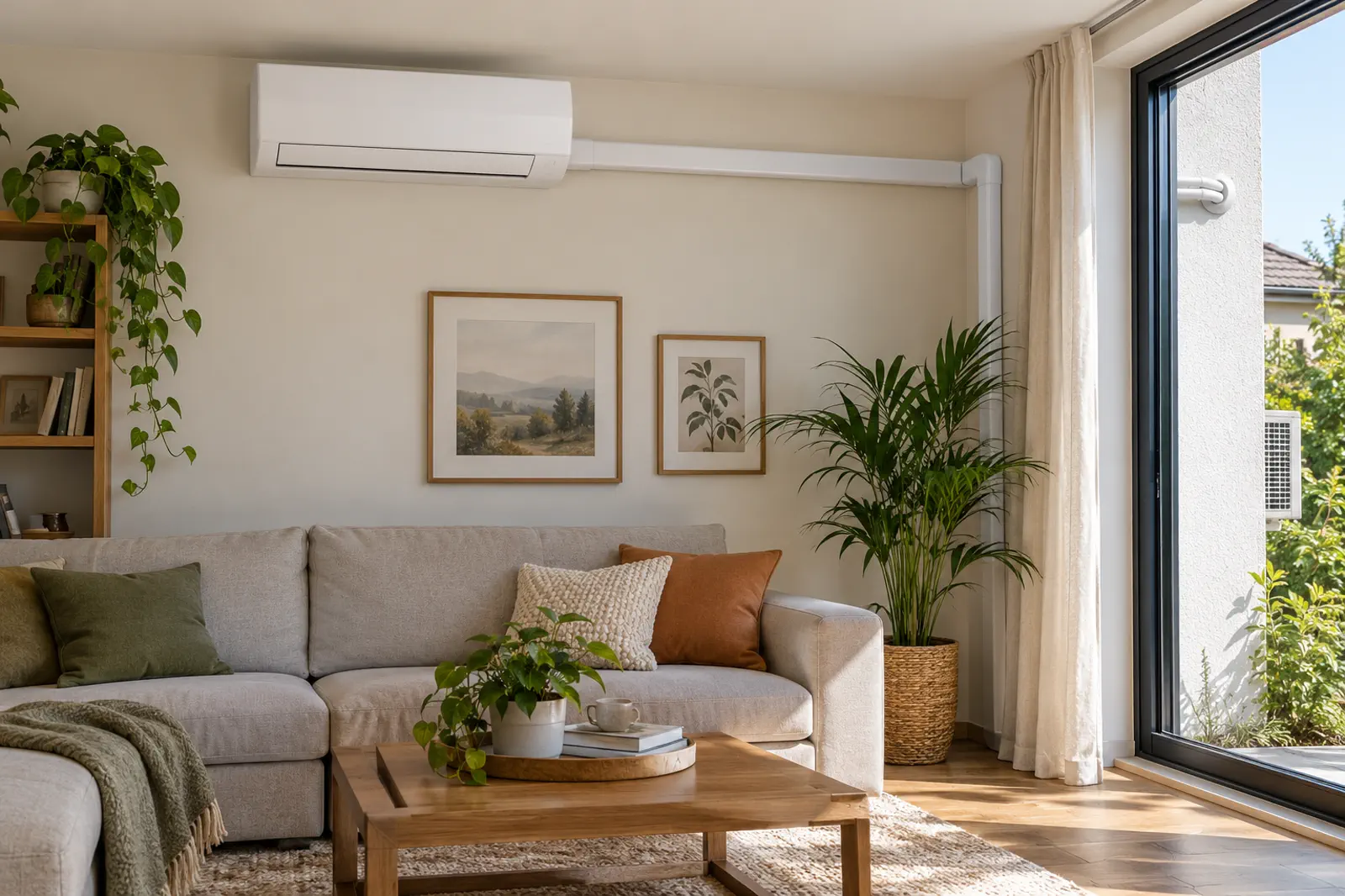 Jednostka klimatyzacji na ścianie salonu z uporządkowaną trasą instalacji