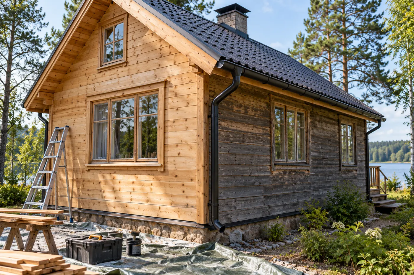 Drewniany domek letniskowy z oczyszczoną jasną ścianą i ciemną częścią oczekującą na renowację