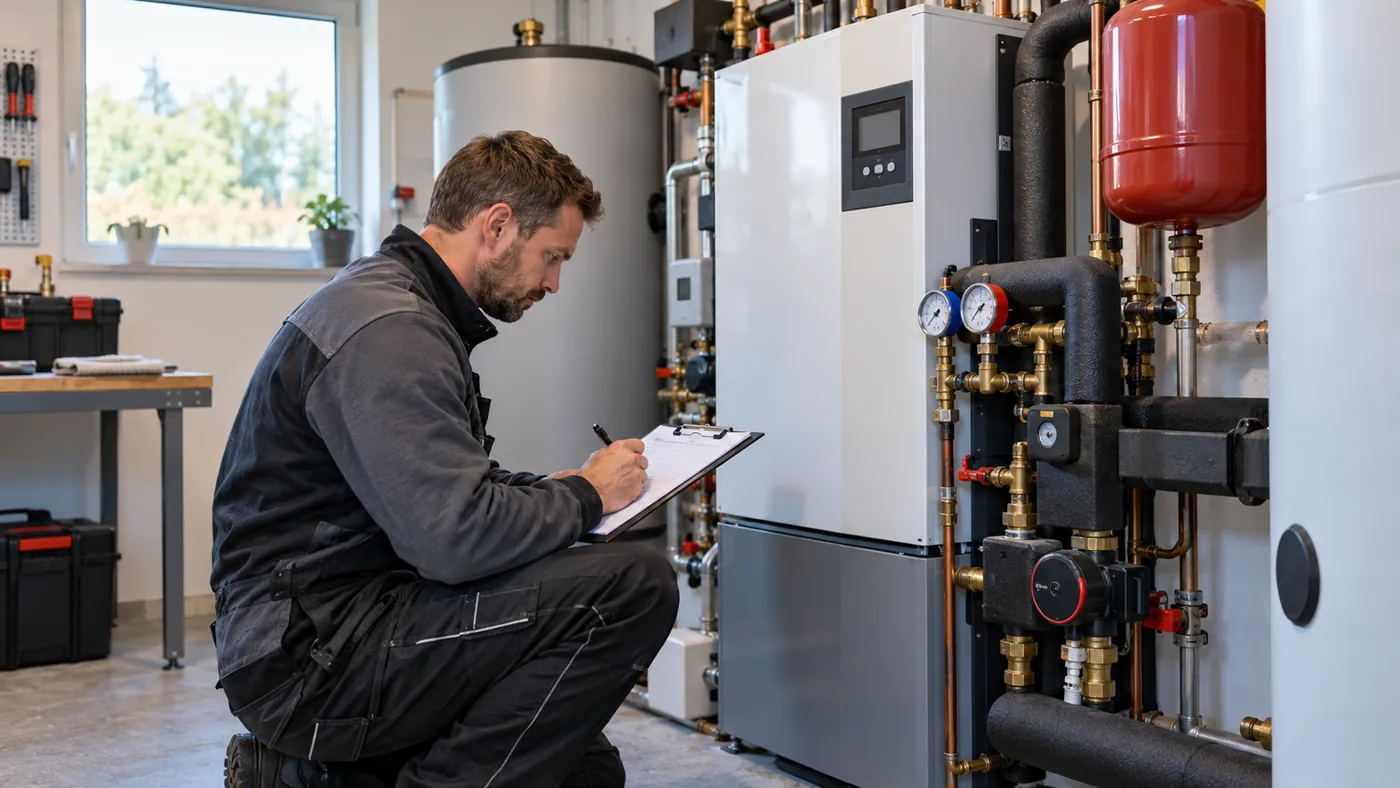 Serwisant sprawdzający instalację pompy ciepła w pomieszczeniu technicznym